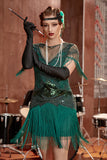 Dark Green Bateau Neck 1920s Gatsby Dress With Fringes