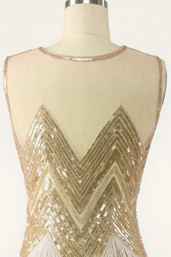 Golden Jewel Neck 1920s Gatsby Dress With Fringes