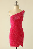 Hot Pink One Shoulder Sequin Short Formal Dress