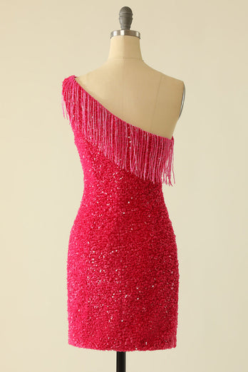 Hot Pink One Shoulder Sequin Short Formal Dress