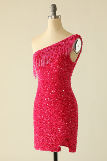 Hot Pink One Shoulder Sequin Short Formal Dress