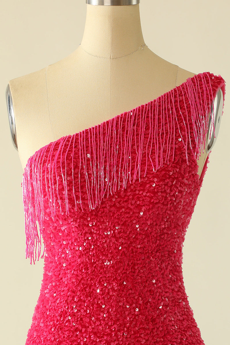 Load image into Gallery viewer, Hot Pink One Shoulder Sequin Short Formal Dress