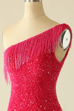 Hot Pink One Shoulder Sequin Short Formal Dress