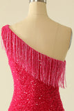 Hot Pink One Shoulder Sequin Short Formal Dress