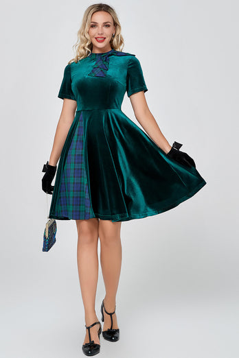 Dark Green Plaid Vintage Velvet Dress