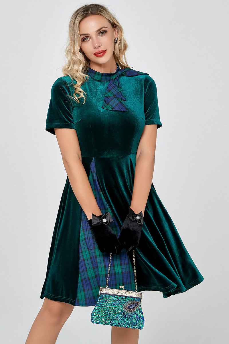Load image into Gallery viewer, Dark Green Plaid Vintage Velvet Dress