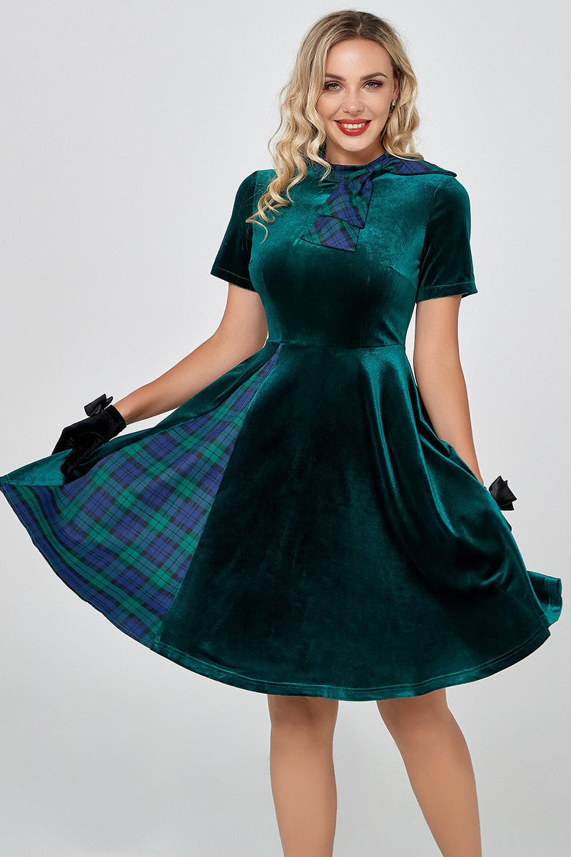 Load image into Gallery viewer, Dark Green Plaid Vintage Velvet Dress