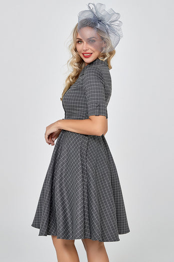 Grey Plaid Half Sleeves Vintage 1950s Dress