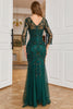 Load image into Gallery viewer, Dark Green Long Sleeves Beading Wedding Guest Dress