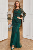 Dark Green Long Sleeves Beading Wedding Guest Dress