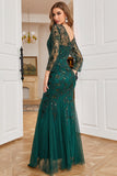 Dark Green Long Sleeves Beading Wedding Guest Dress