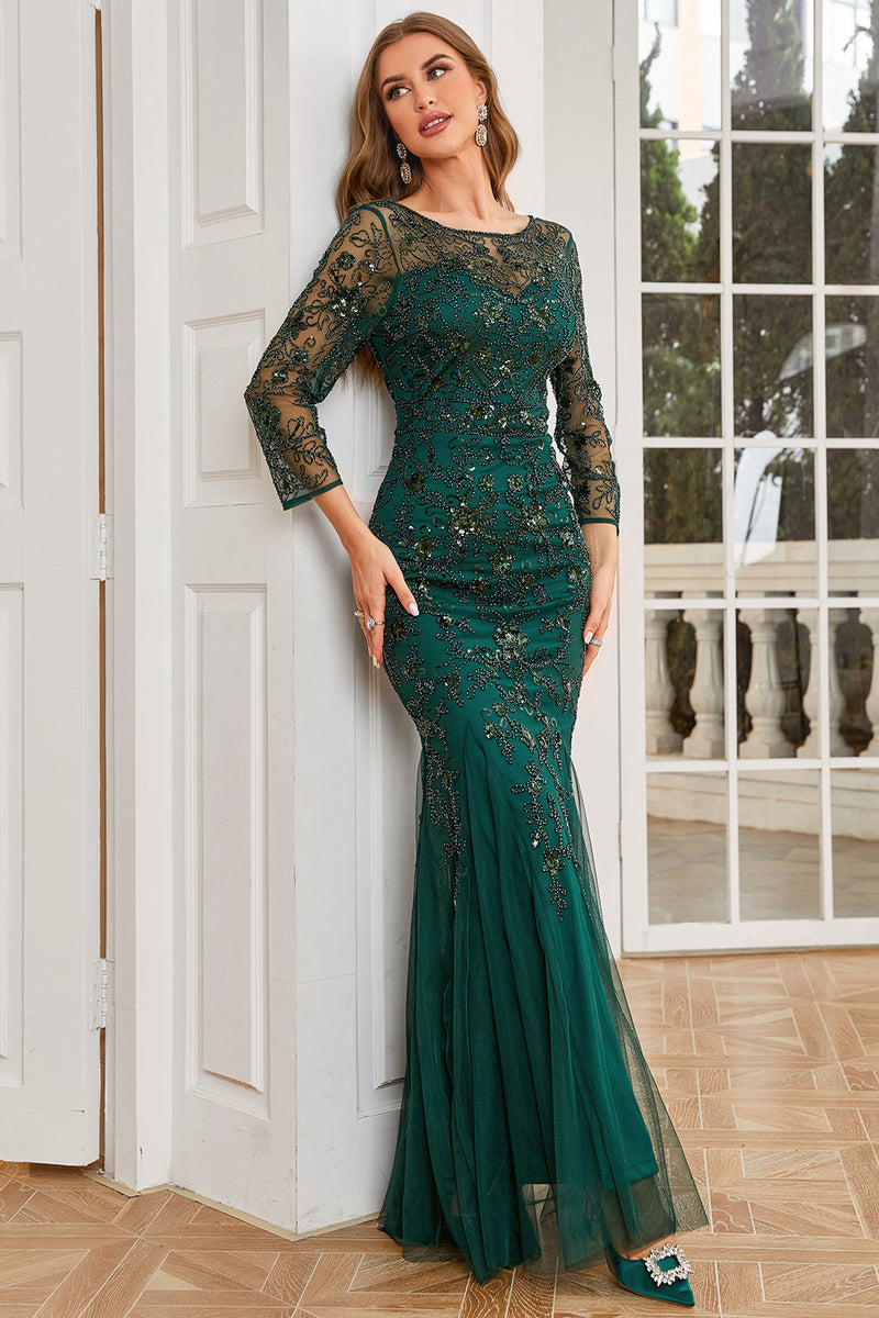 Load image into Gallery viewer, Dark Green Long Sleeves Beading Wedding Guest Dress
