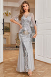 Grey Sequined Mermaid Long Wedding Guest Dress