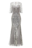 Grey Sequined Mermaid Long Wedding Guest Dress