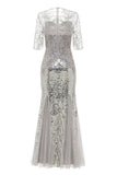 Grey Sequined Mermaid Long Wedding Guest Dress