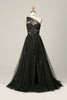 Load image into Gallery viewer, Black A Line One Shoulder Long Formal Dress with Appliques