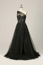 Black A Line One Shoulder Long Formal Dress with Appliques