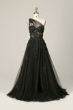 Black A Line One Shoulder Long Formal Dress with Appliques