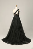 Black A Line One Shoulder Long Formal Dress with Appliques