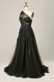 Black A Line One Shoulder Long Formal Dress with Appliques