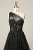 Load image into Gallery viewer, Black A Line One Shoulder Long Formal Dress with Appliques