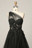 Black A Line One Shoulder Long Formal Dress with Appliques