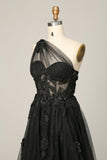 Black A Line One Shoulder Long Formal Dress with Appliques