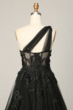 Black A Line One Shoulder Long Formal Dress with Appliques