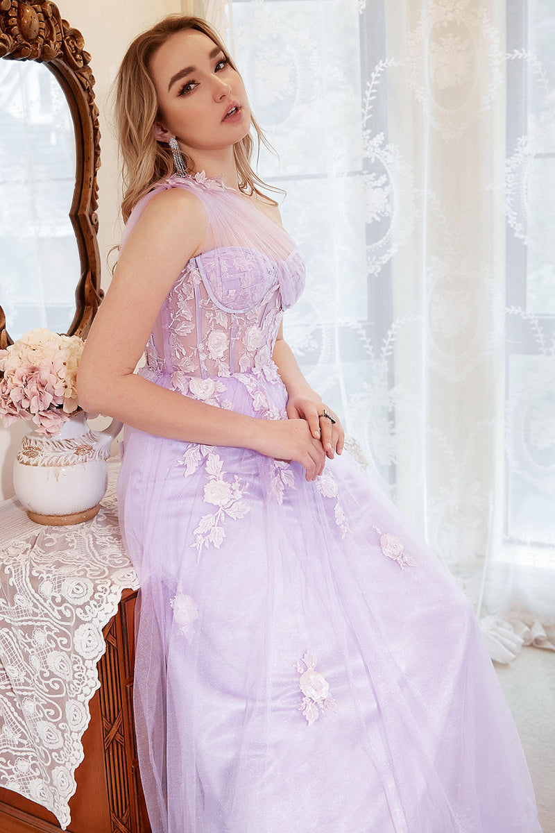 Load image into Gallery viewer, A Line One Shoulder Purple Plus Size Formal Dress with Appliques