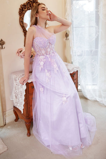 A Line One Shoulder Purple Plus Size Formal Dress with Appliques