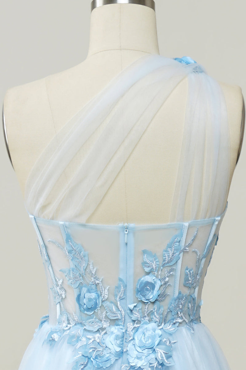 Load image into Gallery viewer, A Line One Shoulder Sky Blue Long Formal Dress with Appliques