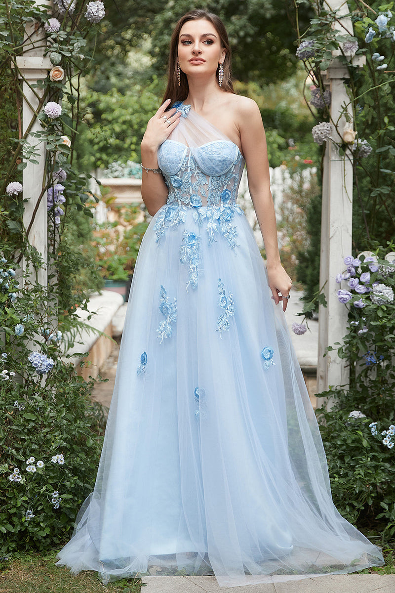 Load image into Gallery viewer, Sky Blue A Line One Shoulder Long Formal Dress with Appliques