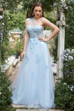 Sky Blue A Line One Shoulder Long Formal Dress with Appliques