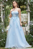 Sky Blue A Line One Shoulder Long Formal Dress with Appliques