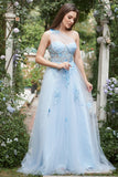 Sky Blue A Line One Shoulder Long Formal Dress with Appliques