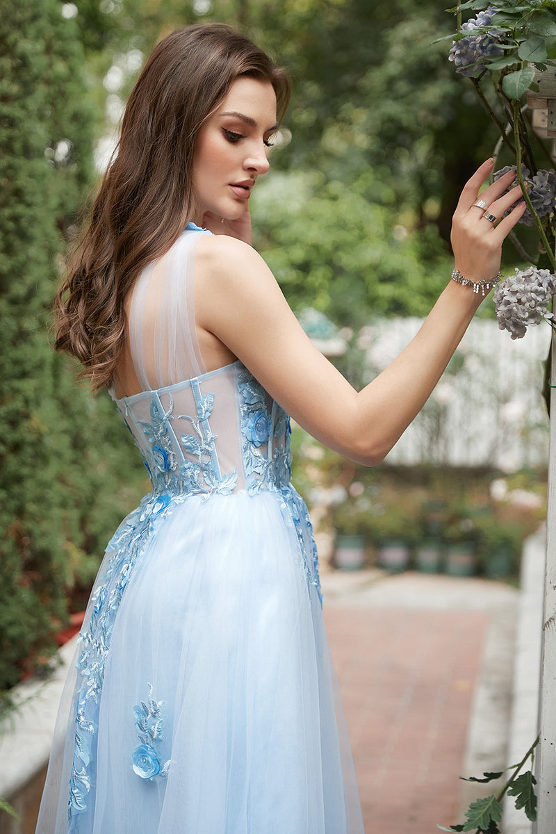 Load image into Gallery viewer, Sky Blue A Line One Shoulder Long Formal Dress with Appliques