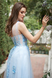 Sky Blue A Line One Shoulder Long Formal Dress with Appliques