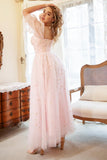 A Line Off the Shoulder Blush Plus Size Formal Dress with Embroidery