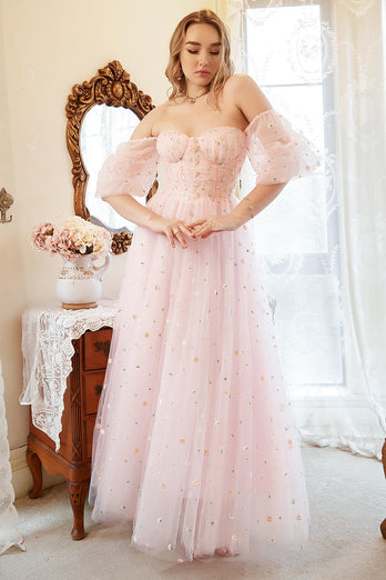 A Line Off the Shoulder Blush Plus Size Formal Dress with Embroidery