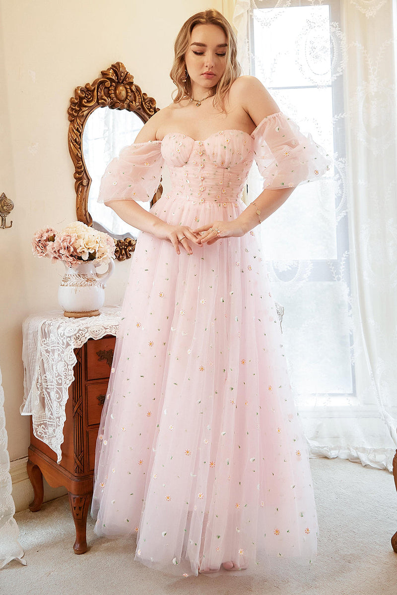 Load image into Gallery viewer, A Line Off the Shoulder Blush Plus Size Formal Dress with Embroidery
