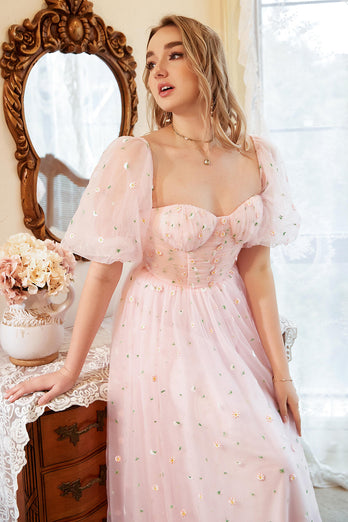 A Line Off the Shoulder Blush Plus Size Formal Dress with Embroidery