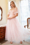 A Line Off the Shoulder Blush Plus Size Formal Dress with Embroidery