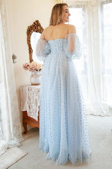 A Line Strapless Blue Printed Plus Size Formal Dress with Half Sleeves