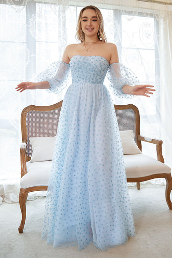 A Line Strapless Blue Printed Plus Size Formal Dress with Half Sleeves