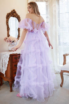 A Line Off the Shoulder Purple Corset Plus Size Formal Dress with Bowknot