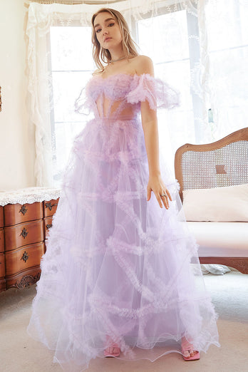 A Line Off the Shoulder Purple Corset Plus Size Formal Dress with Bowknot