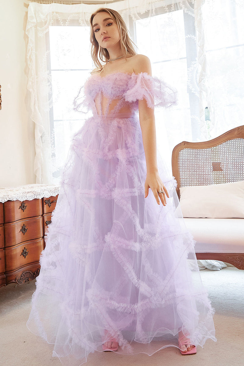 Load image into Gallery viewer, A Line Off the Shoulder Purple Corset Plus Size Formal Dress with Bowknot