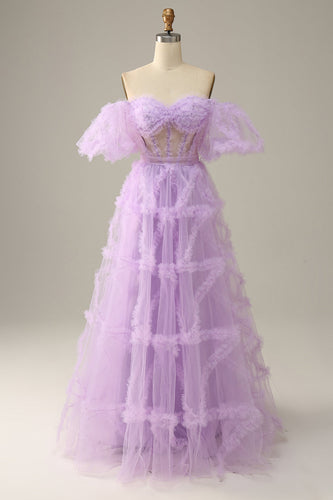 Purple Tulle Off The Shoulder Formal Dress