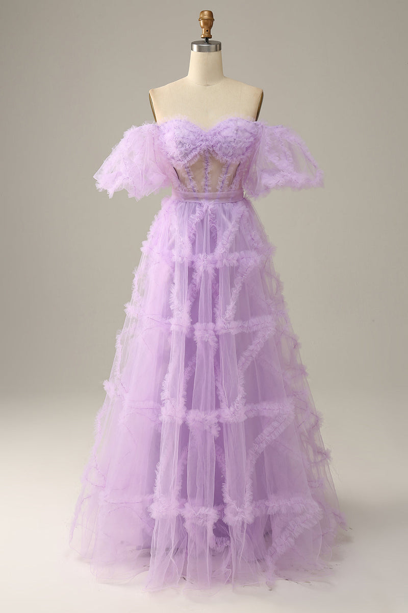 Load image into Gallery viewer, Purple Tulle Off The Shoulder Formal Dress
