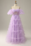 Purple Tulle Off The Shoulder Formal Dress